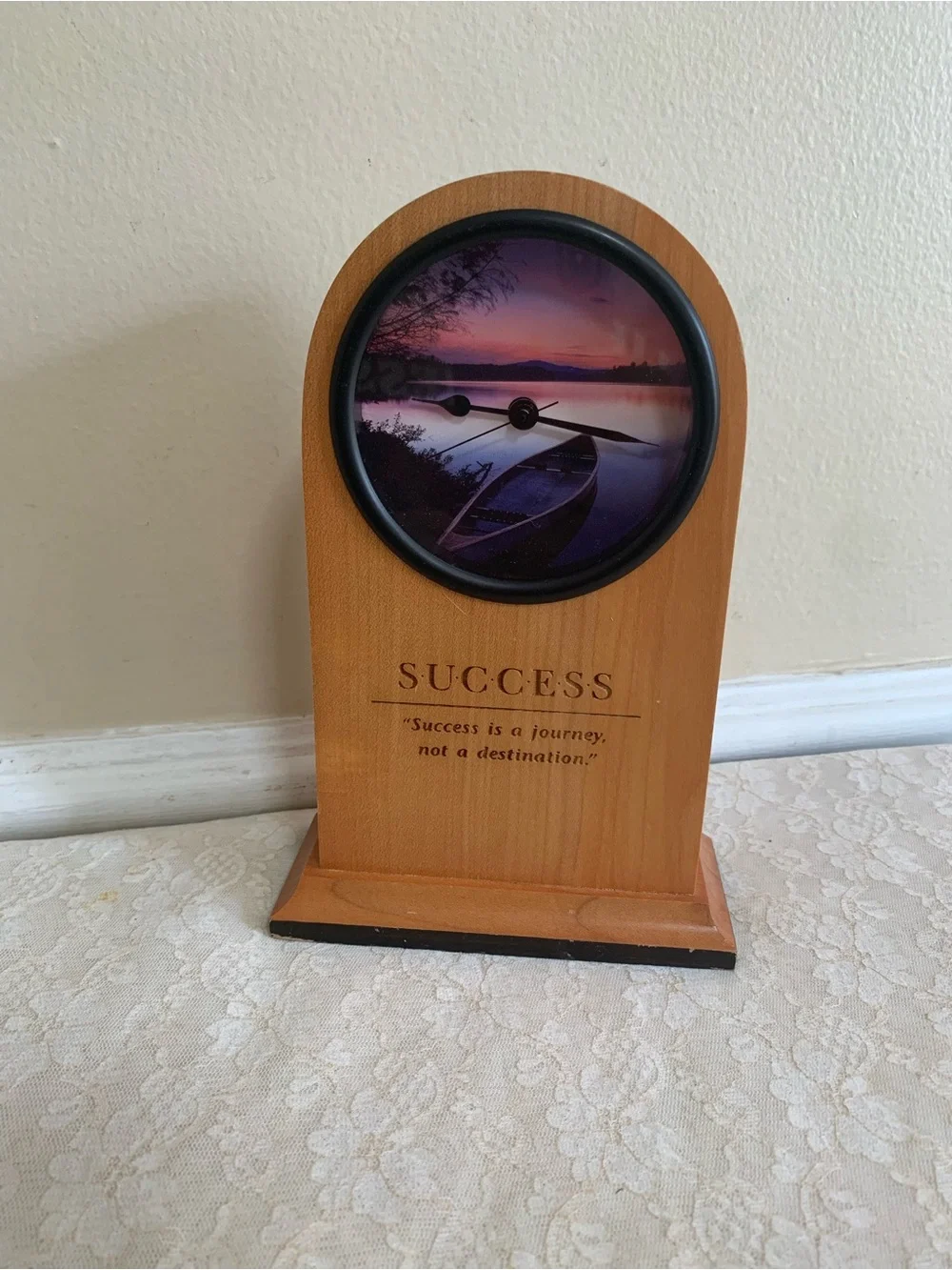 SUCCESS Wooden Desk Clock with Purple Scenic Face